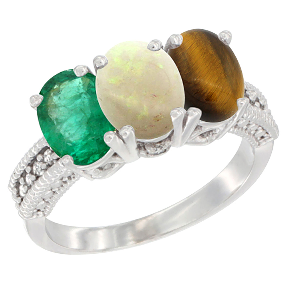 10K White Gold Diamond Natural Emerald, Opal &amp; Tiger Eye Ring 3-Stone 7x5 mm Oval, sizes 5 - 10