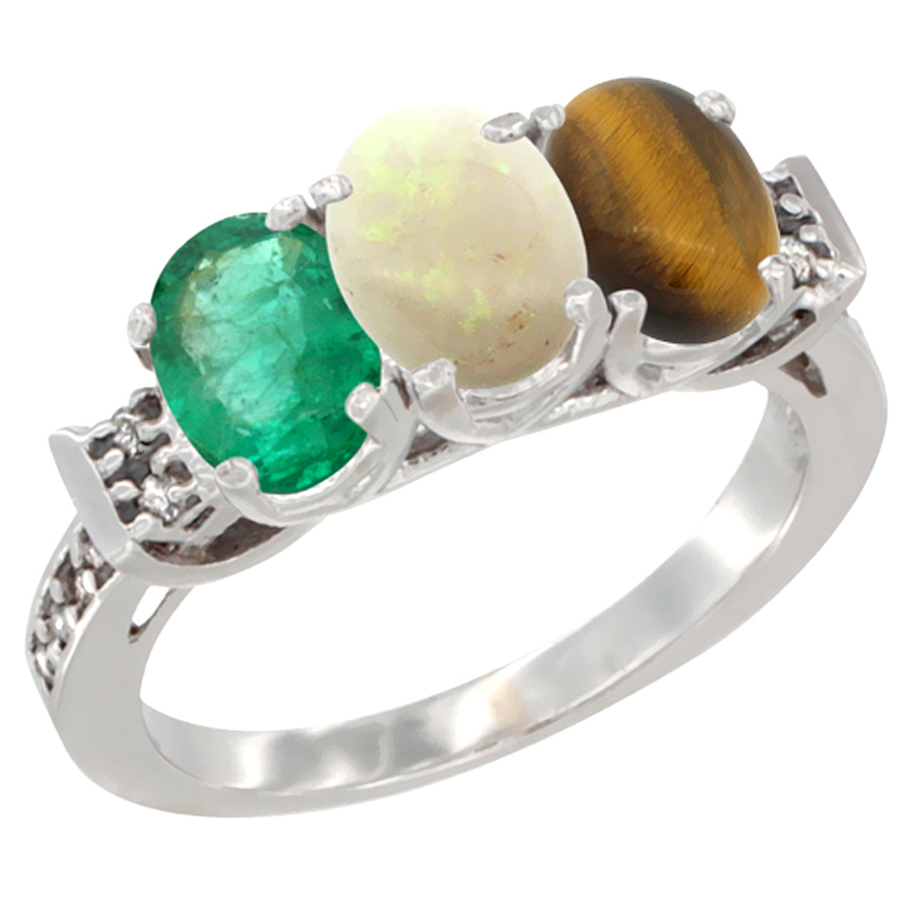 10K White Gold Natural Emerald, Opal & Tiger Eye Ring 3-Stone Oval 7x5 mm Diamond Accent, sizes 5 - 10