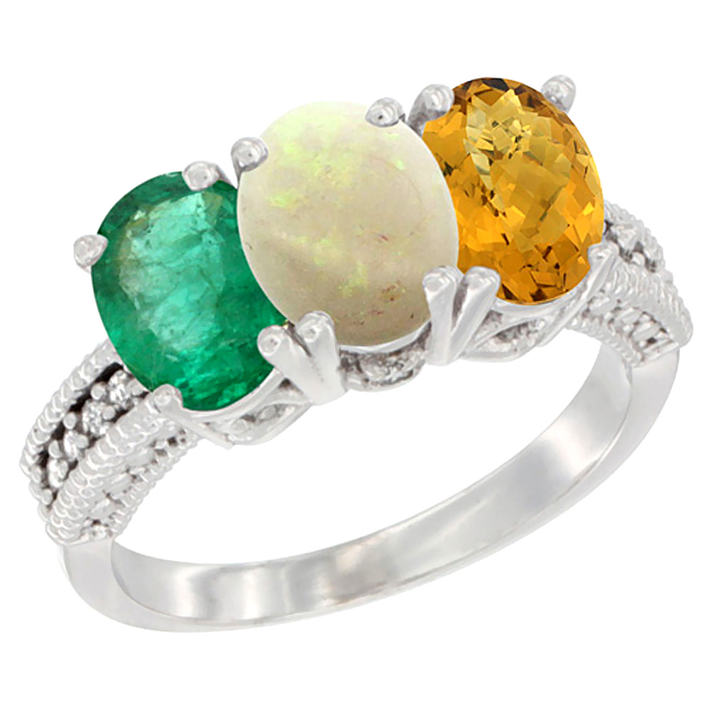 14K White Gold Natural Emerald, Opal &amp; Whisky Quartz Ring 3-Stone 7x5 mm Oval Diamond Accent, sizes 5 - 10
