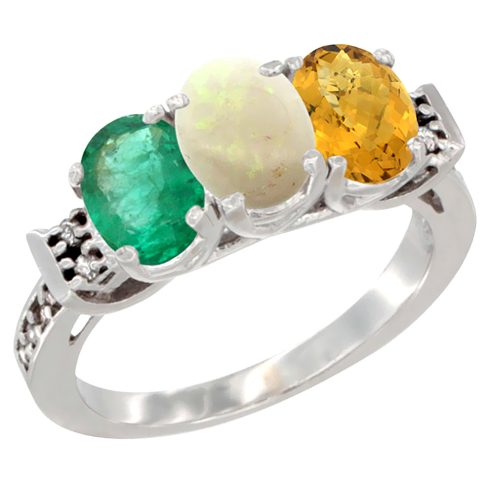 14K White Gold Natural Emerald, Opal &amp; Whisky Quartz Ring 3-Stone Oval 7x5 mm Diamond Accent, sizes 5 - 10
