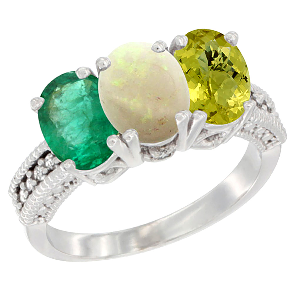 10K White Gold Diamond Natural Emerald, Opal &amp; Lemon Quartz Ring 3-Stone 7x5 mm Oval, sizes 5 - 10