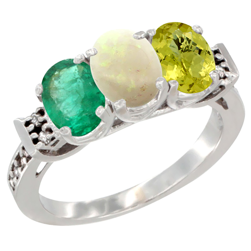 10K White Gold Natural Emerald, Opal & Lemon Quartz Ring 3-Stone Oval 7x5 mm Diamond Accent, sizes 5 - 10