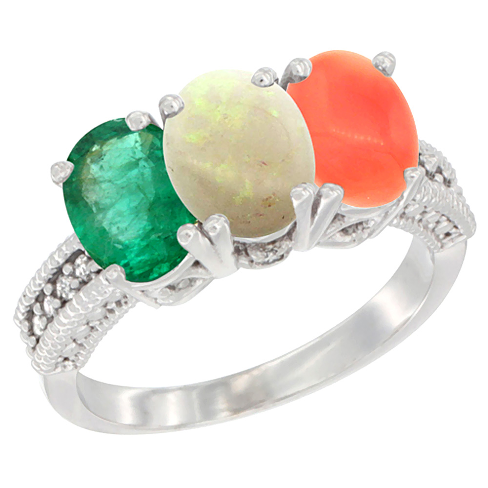 14K White Gold Natural Emerald, Opal &amp; Coral Ring 3-Stone 7x5 mm Oval Diamond Accent, sizes 5 - 10