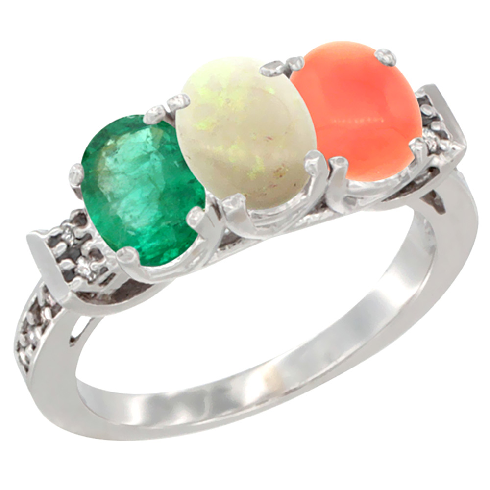 14K White Gold Natural Emerald, Opal & Coral Ring 3-Stone Oval 7x5 mm Diamond Accent, sizes 5 - 10