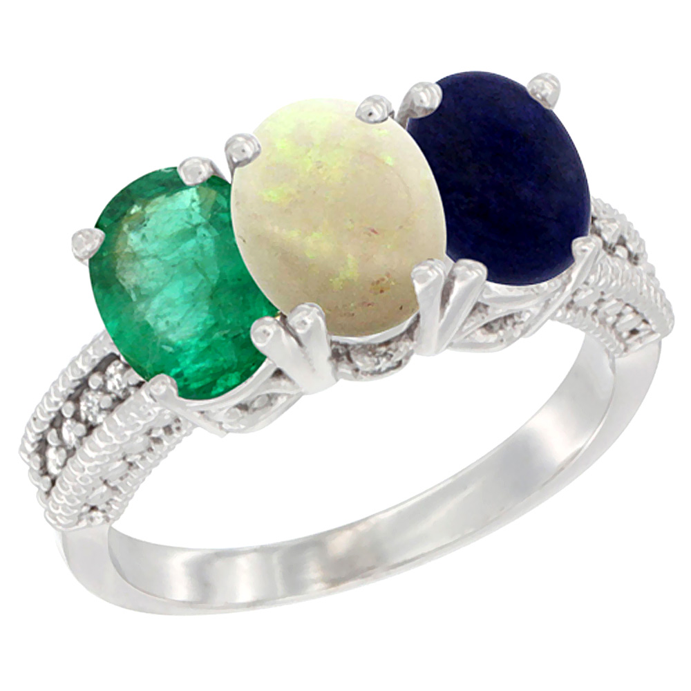 14K White Gold Natural Emerald, Opal & Lapis Ring 3-Stone 7x5 mm Oval Diamond Accent, sizes 5 - 10