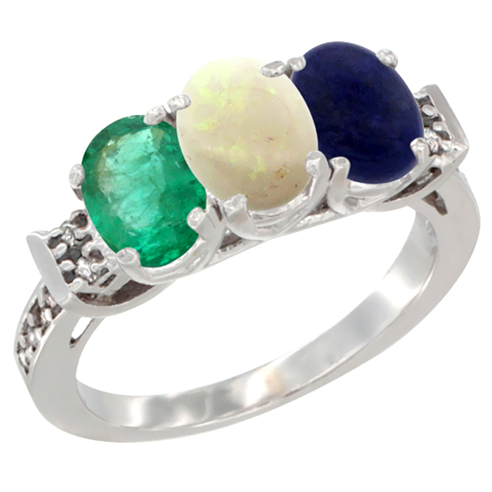 10K White Gold Natural Emerald, Opal & Lapis Ring 3-Stone Oval 7x5 mm Diamond Accent, sizes 5 - 10
