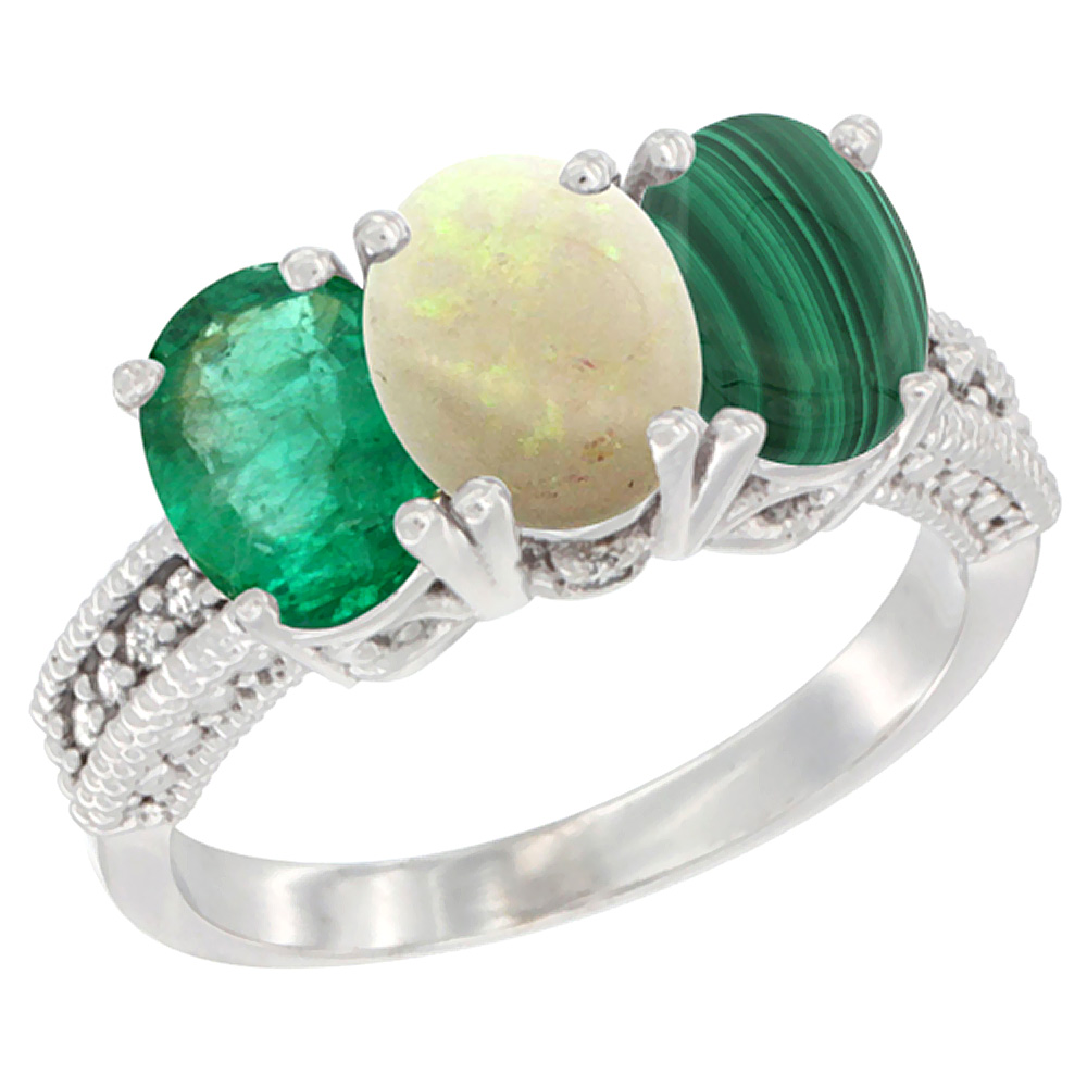 14K White Gold Natural Emerald, Opal &amp; Malachite Ring 3-Stone 7x5 mm Oval Diamond Accent, sizes 5 - 10