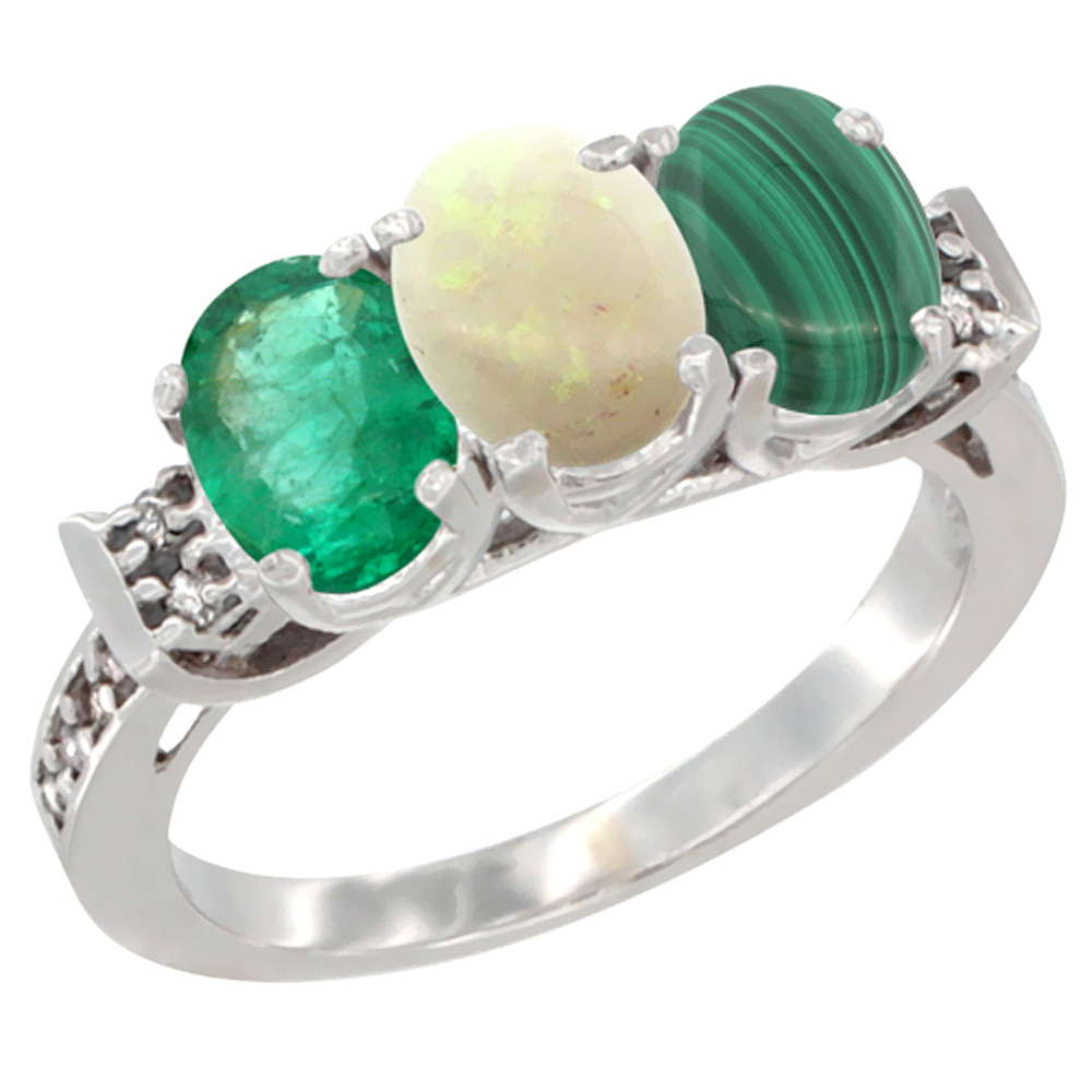 14K White Gold Natural Emerald, Opal & Malachite Ring 3-Stone Oval 7x5 mm Diamond Accent, sizes 5 - 10