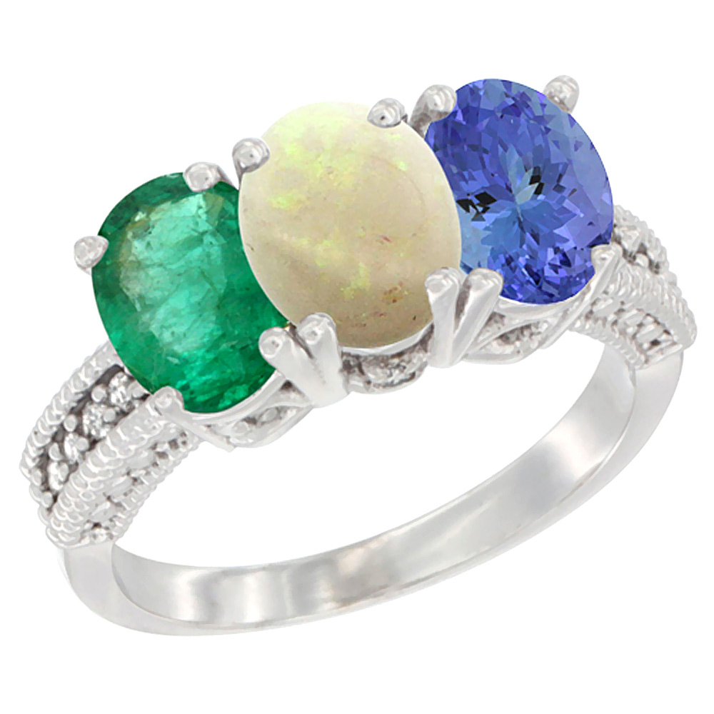 14K White Gold Natural Emerald, Opal & Tanzanite Ring 3-Stone 7x5 mm Oval Diamond Accent, sizes 5 - 10