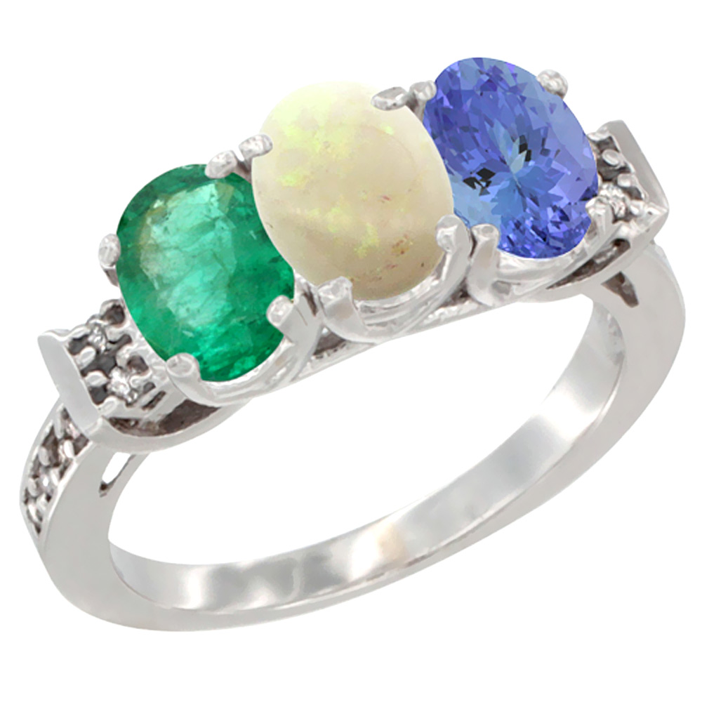 14K White Gold Natural Emerald, Opal &amp; Tanzanite Ring 3-Stone Oval 7x5 mm Diamond Accent, sizes 5 - 10