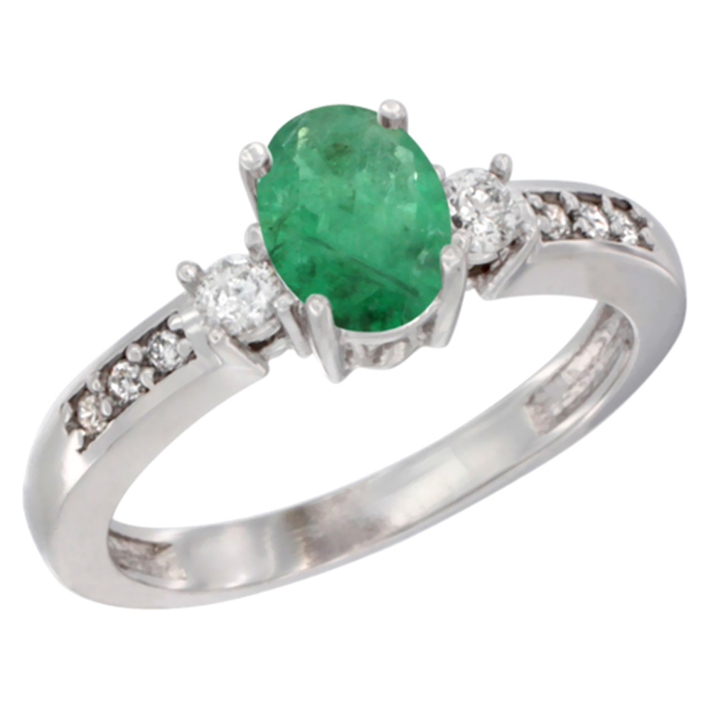 10K White Gold Diamond Natural Quality Emerald Engagement Ring Oval 7x5 mm, size 5 - 10