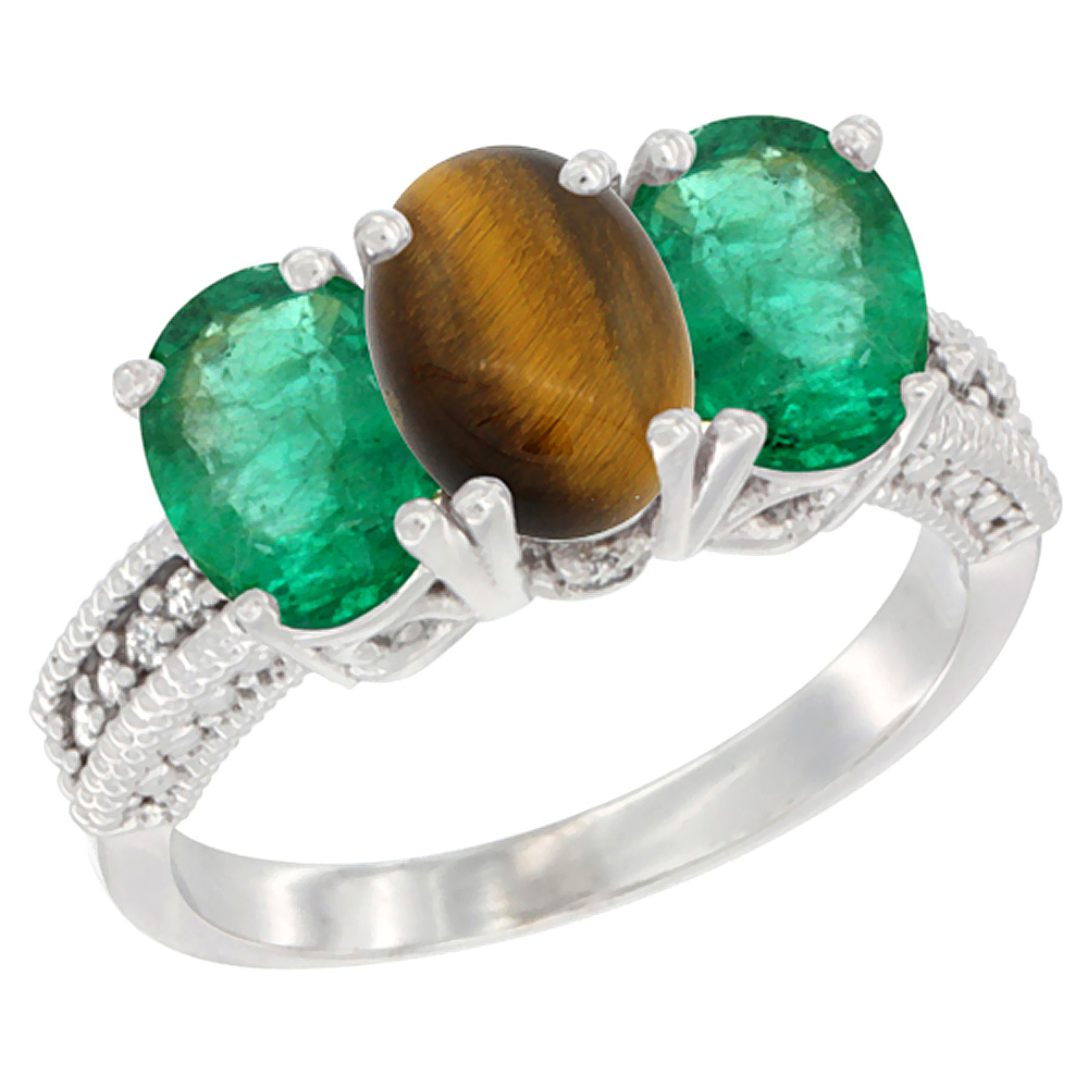 14K White Gold Natural Tiger Eye &amp; Emerald Sides Ring 3-Stone 7x5 mm Oval Diamond Accent, sizes 5 - 10