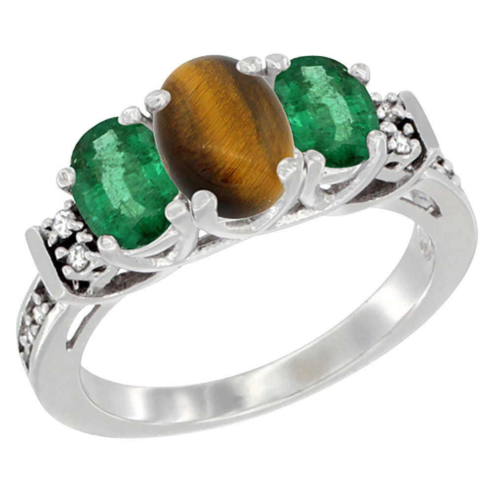 14K White Gold Natural Tiger Eye & Emerald Ring 3-Stone Oval Diamond Accent, sizes 5-10