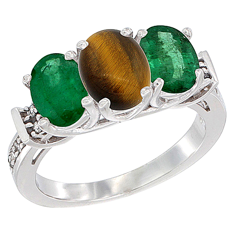 14K White Gold Natural Tiger Eye & Emerald Sides Ring 3-Stone Oval Diamond Accent, sizes 5 - 10