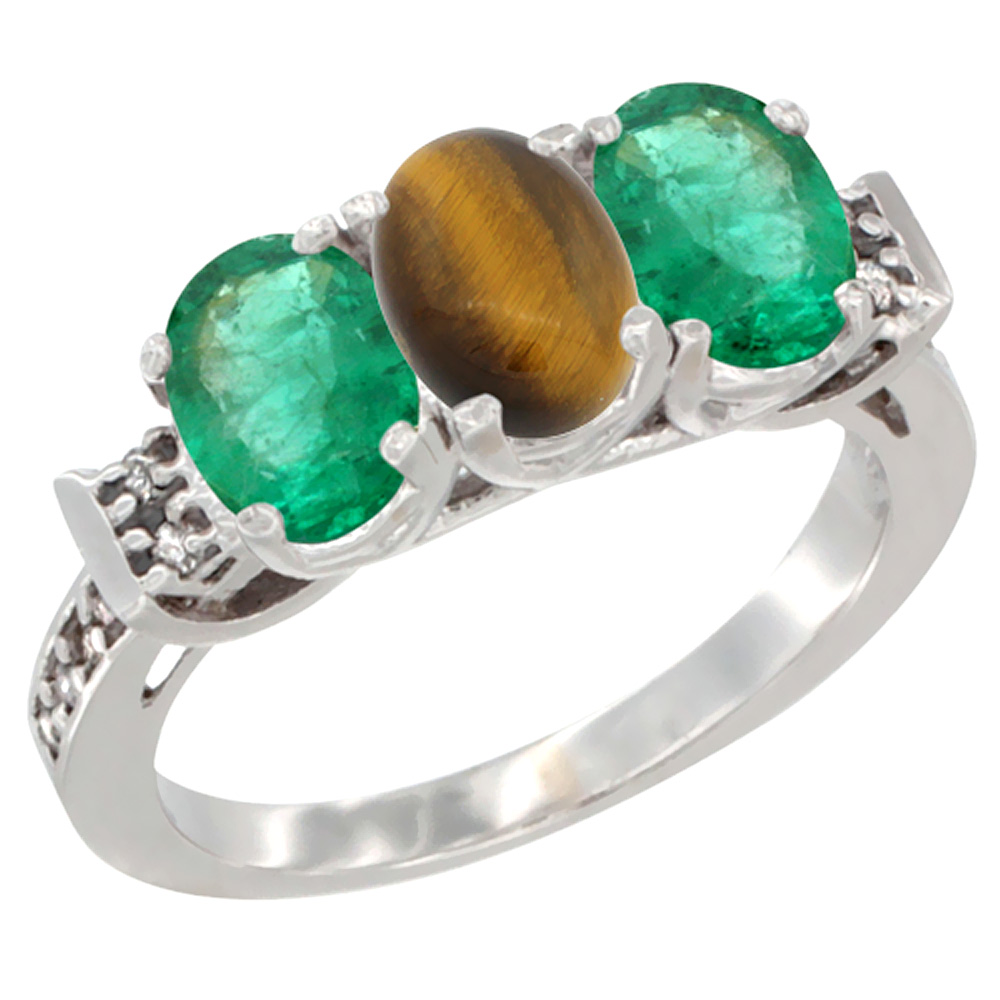 14K White Gold Natural Tiger Eye &amp; Emerald Sides Ring 3-Stone Oval 7x5 mm Diamond Accent, sizes 5 - 10