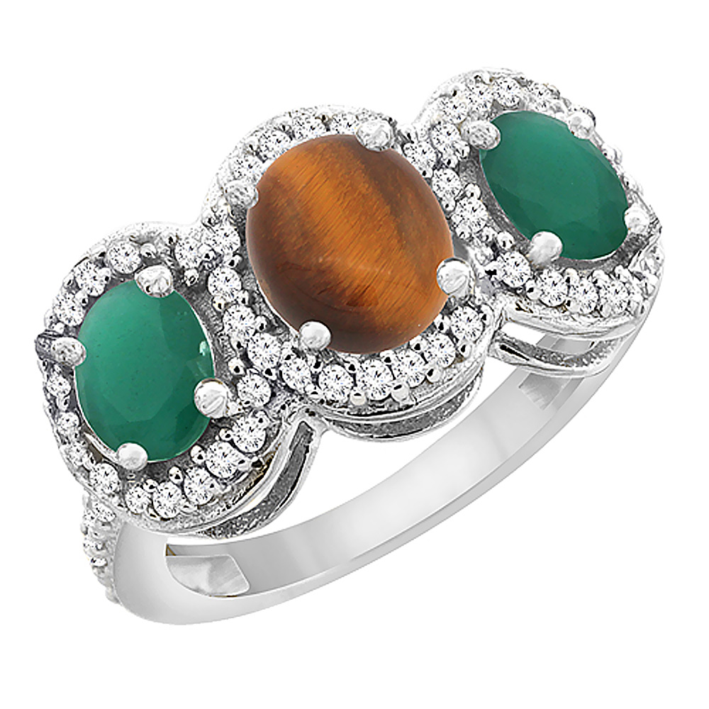 14K White Gold Natural Tiger Eye & Cabochon Emerald 3-Stone Ring Oval Diamond Accent, sizes 5 - 10