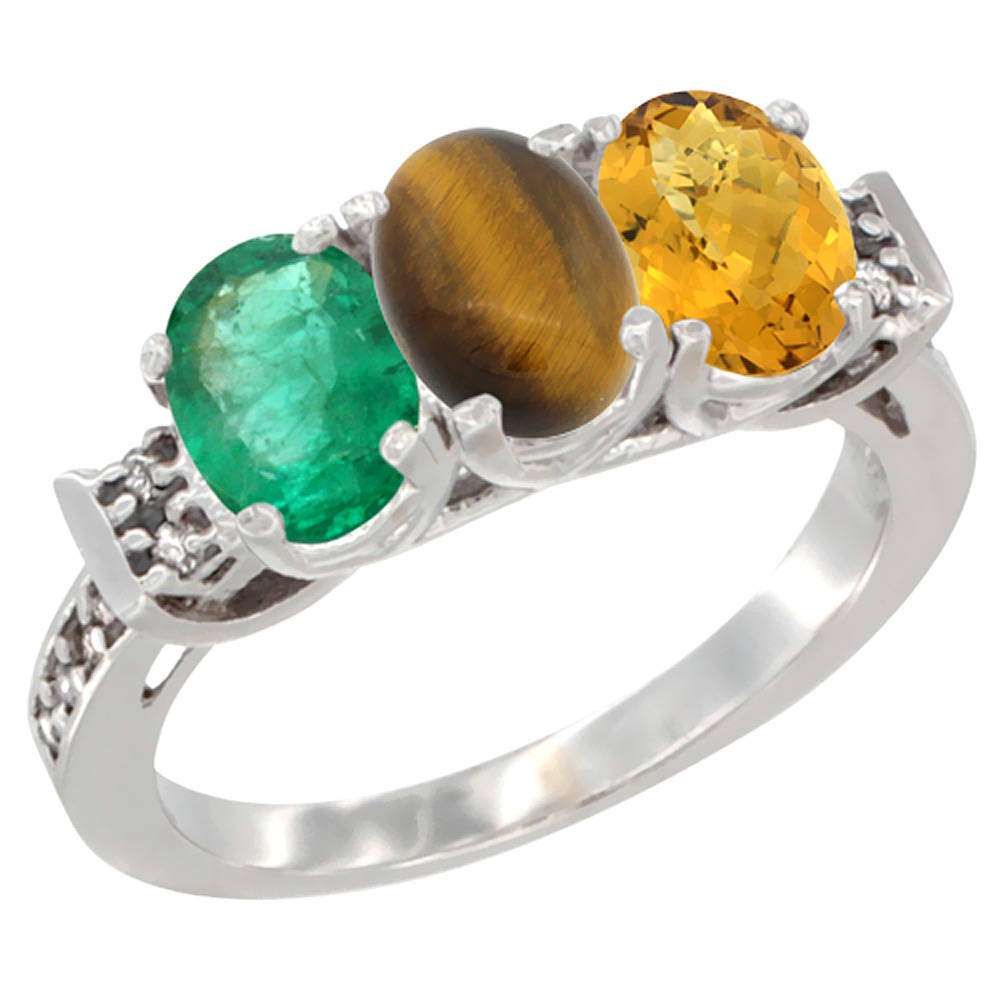 10K White Gold Natural Emerald, Tiger Eye & Whisky Quartz Ring 3-Stone Oval 7x5 mm Diamond Accent, sizes 5 - 10