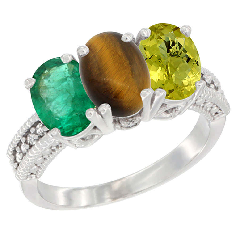 14K White Gold Natural Emerald, Tiger Eye & Lemon Quartz Ring 3-Stone 7x5 mm Oval Diamond Accent, sizes 5 - 10