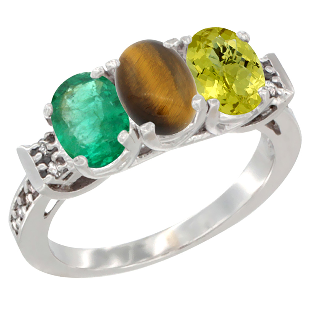 14K White Gold Natural Emerald, Tiger Eye &amp; Lemon Quartz Ring 3-Stone Oval 7x5 mm Diamond Accent, sizes 5 - 10