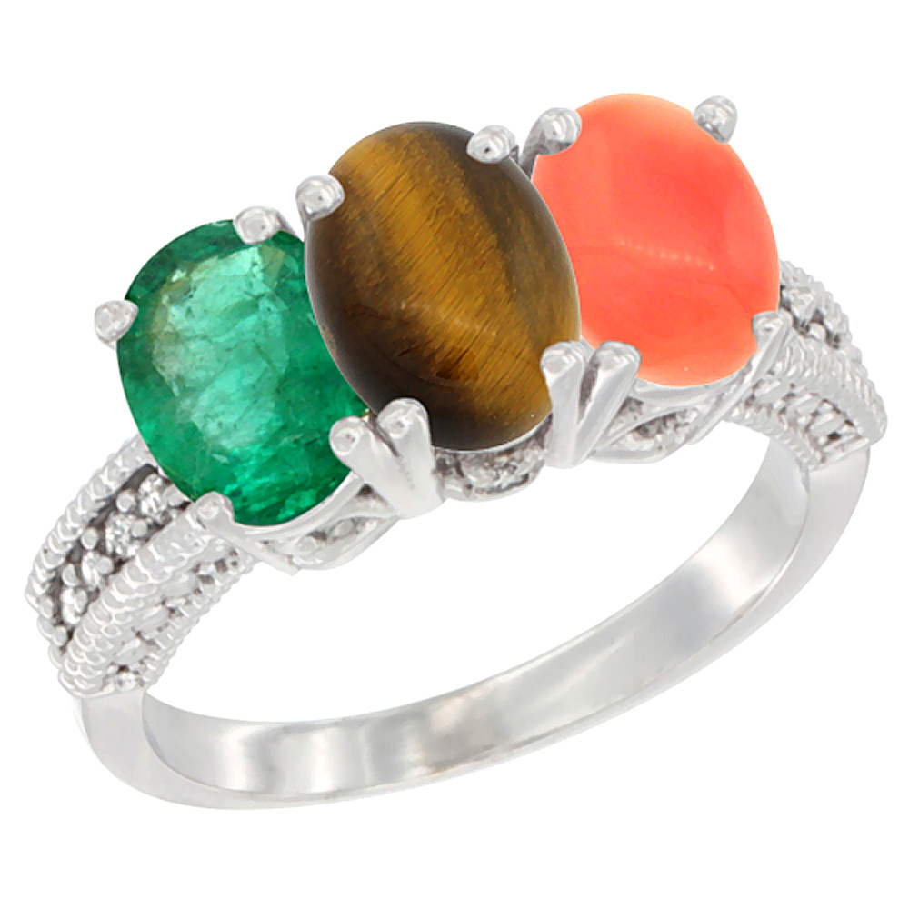 14K White Gold Natural Emerald, Tiger Eye &amp; Coral Ring 3-Stone 7x5 mm Oval Diamond Accent, sizes 5 - 10