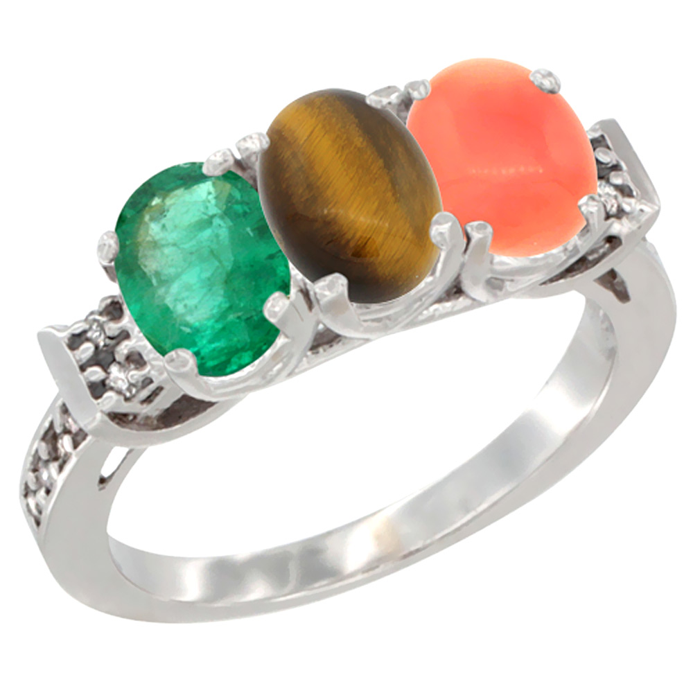 10K White Gold Natural Emerald, Tiger Eye & Coral Ring 3-Stone Oval 7x5 mm Diamond Accent, sizes 5 - 10