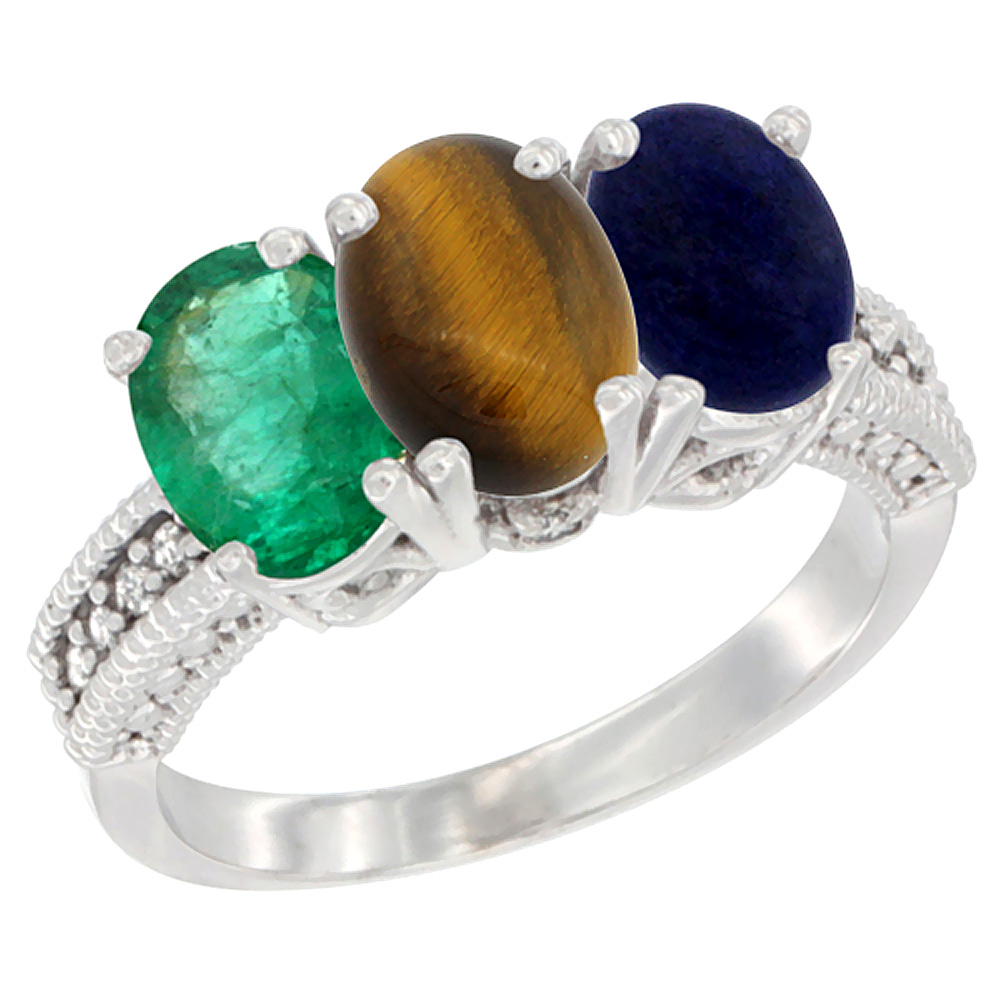 10K White Gold Diamond Natural Emerald, Tiger Eye & Lapis Ring 3-Stone 7x5 mm Oval, sizes 5 - 10