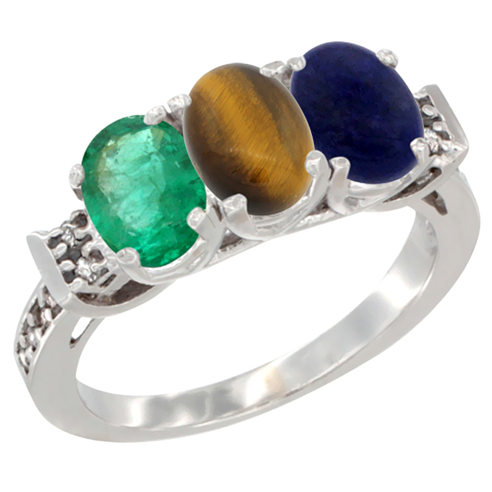 10K White Gold Natural Emerald, Tiger Eye &amp; Lapis Ring 3-Stone Oval 7x5 mm Diamond Accent, sizes 5 - 10
