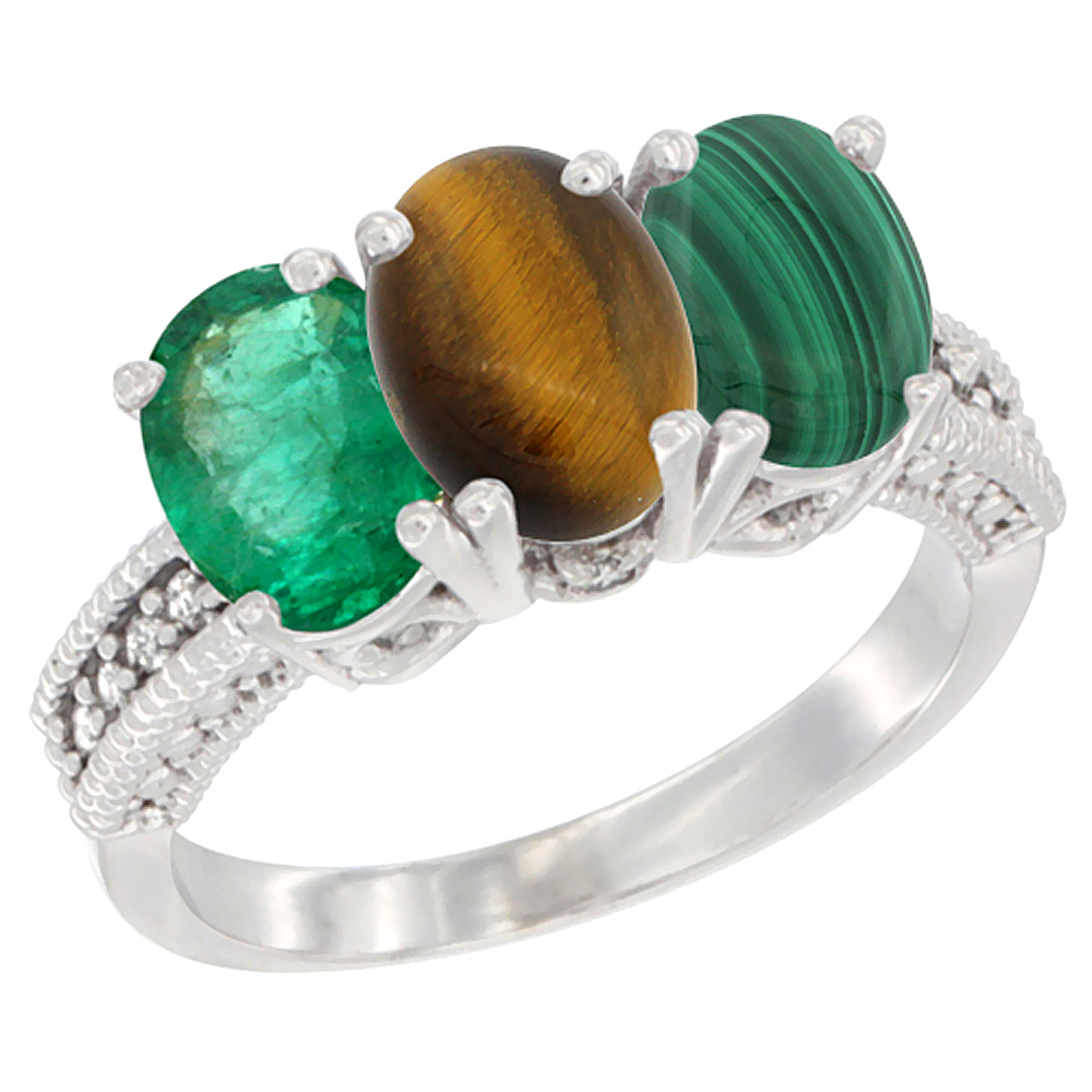 14K White Gold Natural Emerald, Tiger Eye &amp; Malachite Ring 3-Stone 7x5 mm Oval Diamond Accent, sizes 5 - 10