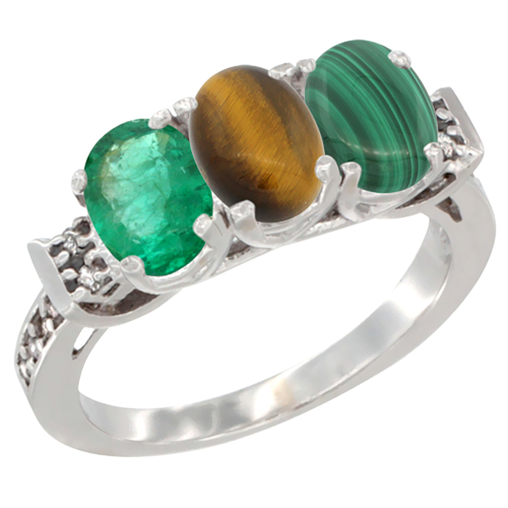10K White Gold Natural Emerald, Tiger Eye &amp; Malachite Ring 3-Stone Oval 7x5 mm Diamond Accent, sizes 5 - 10