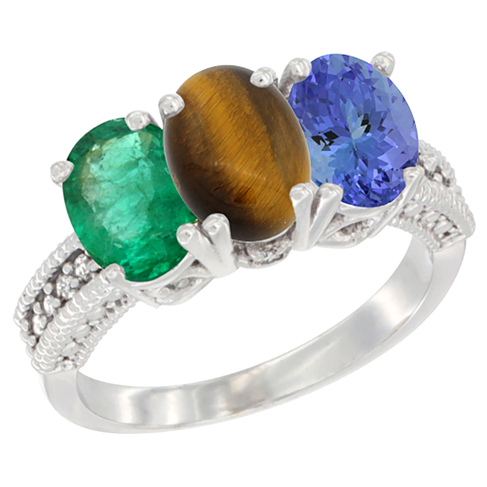 14K White Gold Natural Emerald, Tiger Eye &amp; Tanzanite Ring 3-Stone 7x5 mm Oval Diamond Accent, sizes 5 - 10