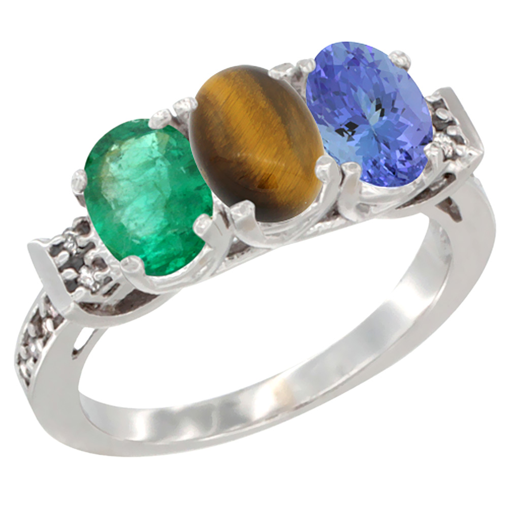 10K White Gold Natural Emerald, Tiger Eye &amp; Tanzanite Ring 3-Stone Oval 7x5 mm Diamond Accent, sizes 5 - 10