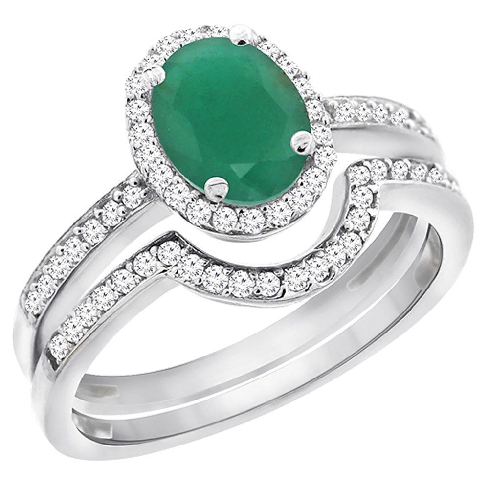 14K White Gold Diamond Natural Emerald 2-Pc. Engagement Ring Set Oval 8x6 mm, sizes 5 - 10