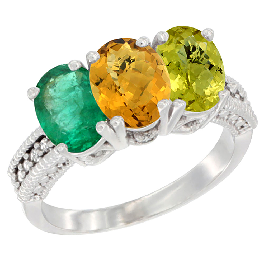 10K White Gold Diamond Natural Emerald, Whisky Quartz &amp; Lemon Quartz Ring 3-Stone 7x5 mm Oval, sizes 5 - 10