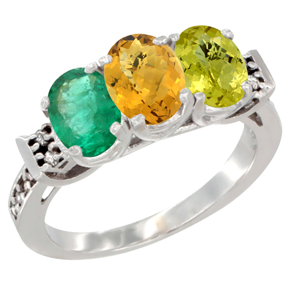 10K White Gold Natural Emerald, Whisky Quartz & Lemon Quartz Ring 3-Stone Oval 7x5 mm Diamond Accent, sizes 5 - 10