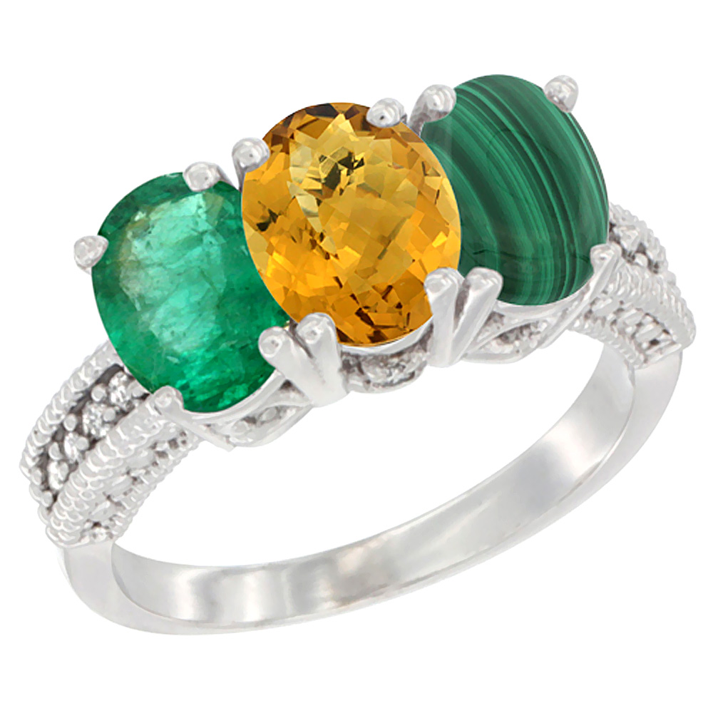 14K White Gold Natural Emerald, Whisky Quartz &amp; Malachite Ring 3-Stone 7x5 mm Oval Diamond Accent, sizes 5 - 10