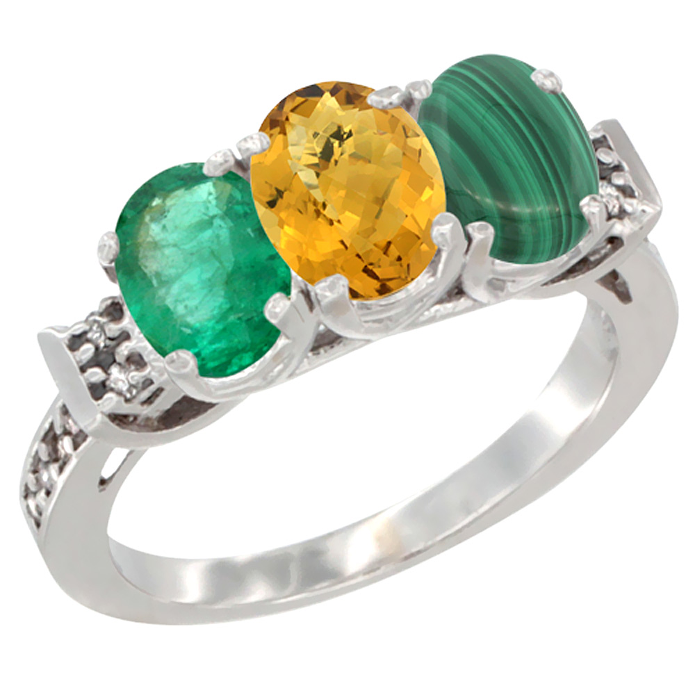 10K White Gold Natural Emerald, Whisky Quartz & Malachite Ring 3-Stone Oval 7x5 mm Diamond Accent, sizes 5 - 10