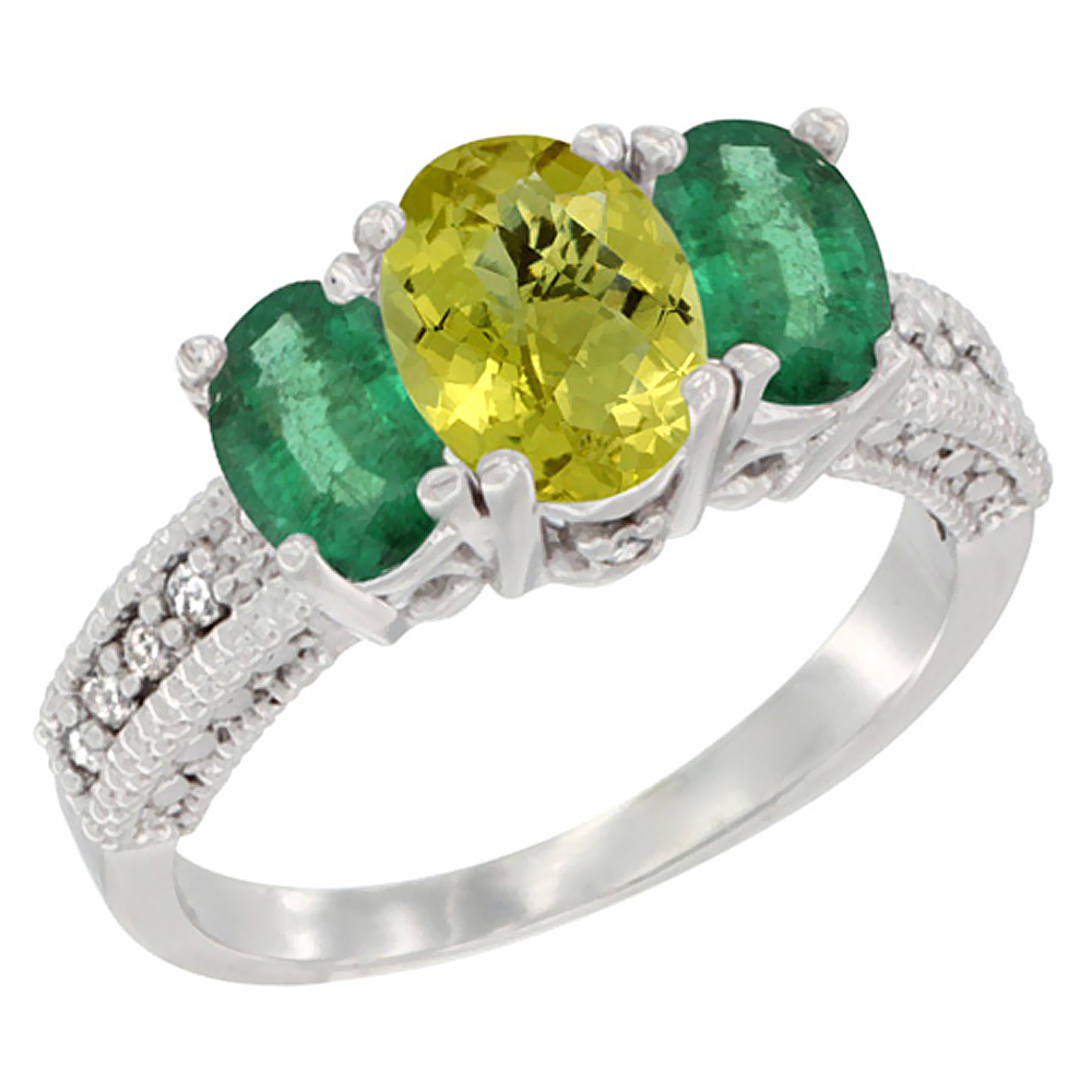 14K White Gold Diamond Natural Lemon Quartz Ring Oval 3-stone with Emerald, sizes 5 - 10