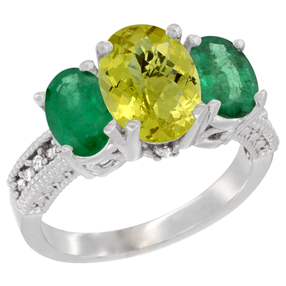 14K White Gold Diamond Natural Lemon Quartz Ring 3-Stone Oval 8x6mm with Emerald, sizes5-10