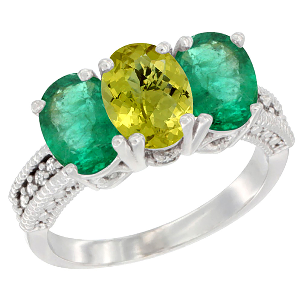 14K White Gold Natural Lemon Quartz &amp; Emerald Sides Ring 3-Stone 7x5 mm Oval Diamond Accent, sizes 5 - 10