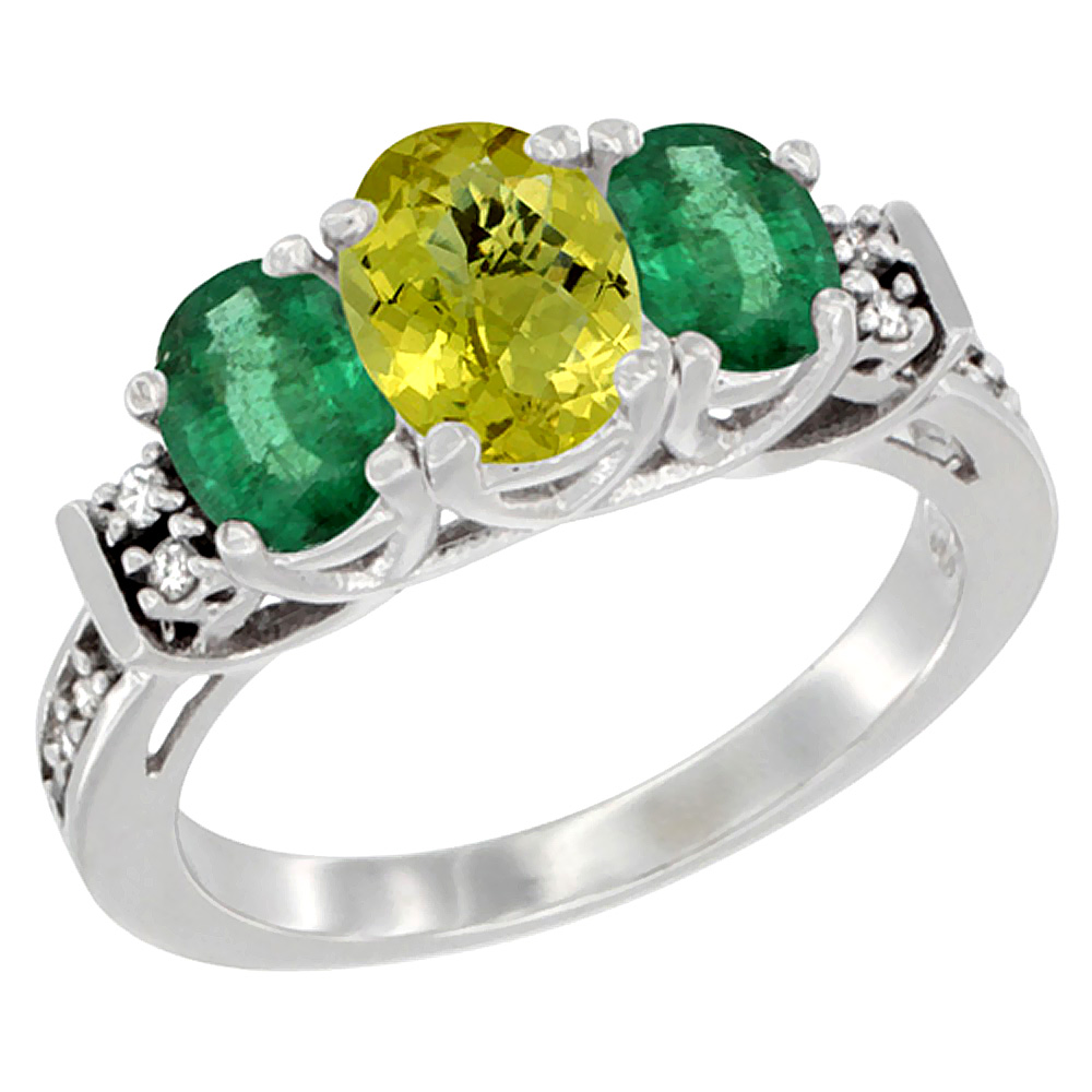 14K White Gold Natural Lemon Quartz &amp; Emerald Ring 3-Stone Oval Diamond Accent, sizes 5-10