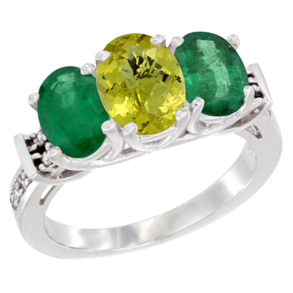 14K White Gold Natural Lemon Quartz & Emerald Sides Ring 3-Stone Oval Diamond Accent, sizes 5 - 10