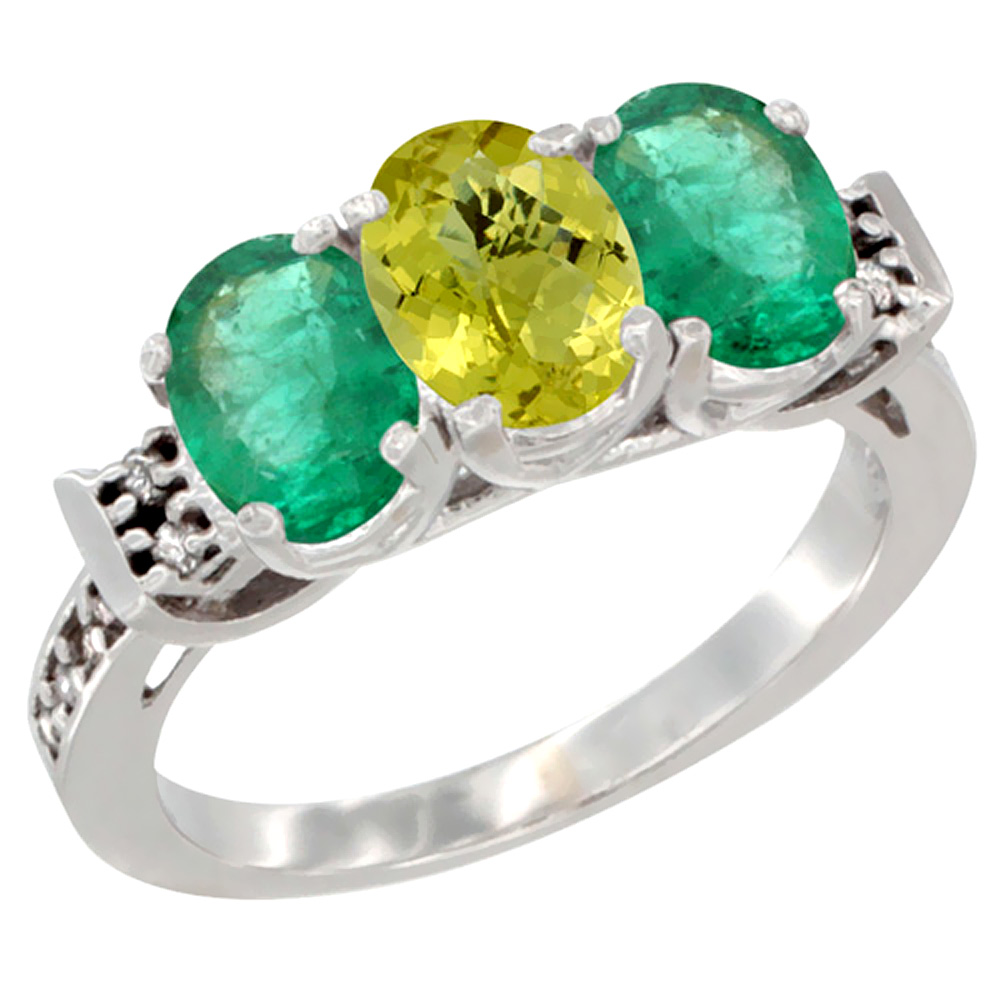14K White Gold Natural Lemon Quartz &amp; Emerald Sides Ring 3-Stone Oval 7x5 mm Diamond Accent, sizes 5 - 10