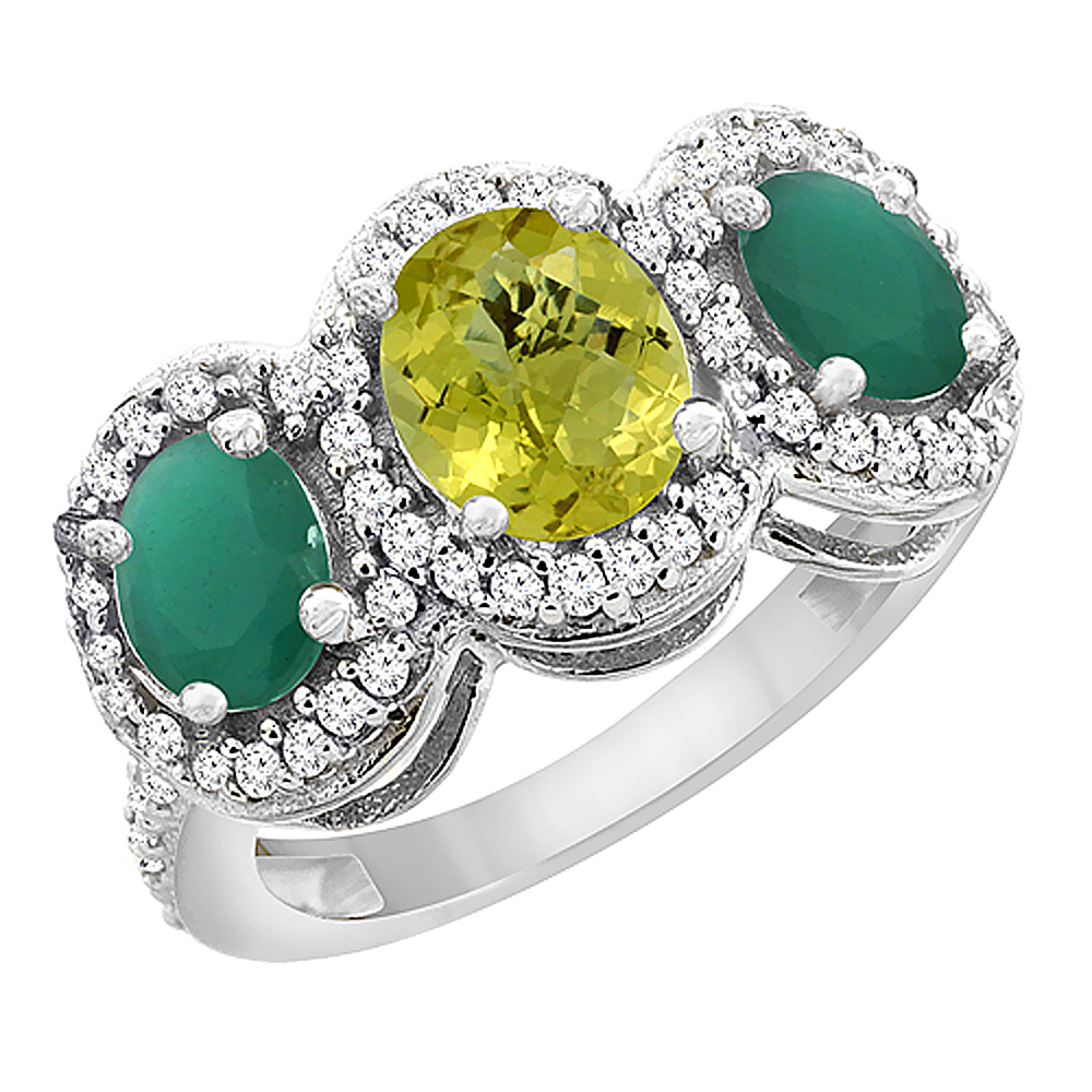 14K White Gold Natural Lemon Quartz &amp; Cabochon Emerald 3-Stone Ring Oval Diamond Accent, sizes 5 - 10