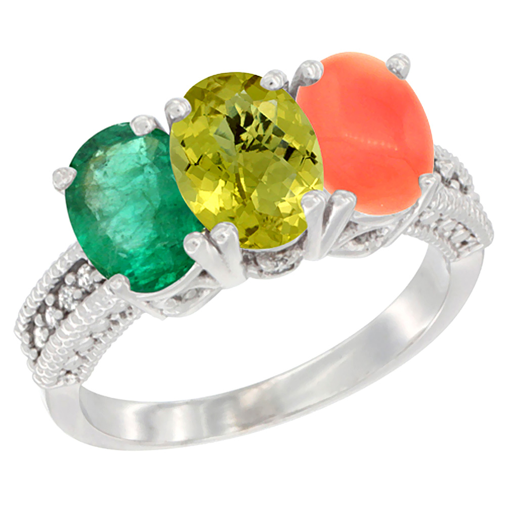 14K White Gold Natural Emerald, Lemon Quartz & Coral Ring 3-Stone 7x5 mm Oval Diamond Accent, sizes 5 - 10