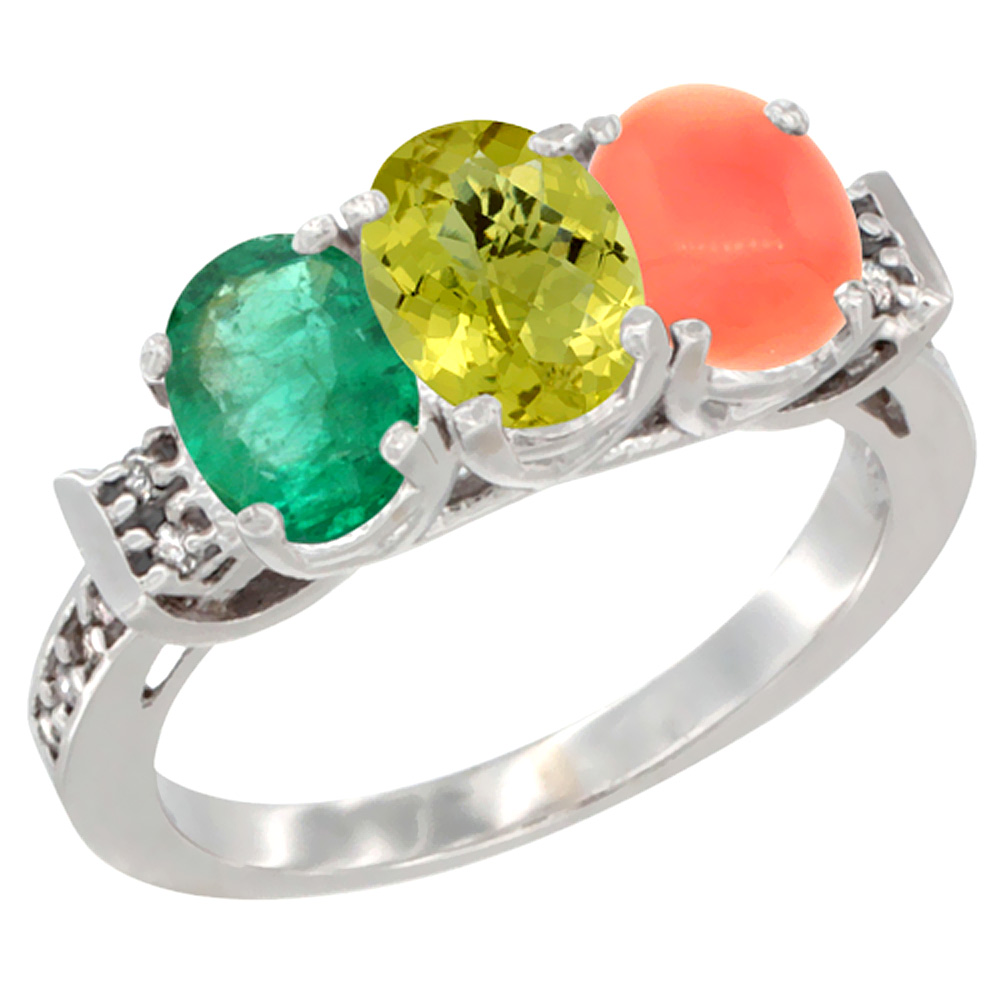 10K White Gold Natural Emerald, Lemon Quartz & Coral Ring 3-Stone Oval 7x5 mm Diamond Accent, sizes 5 - 10