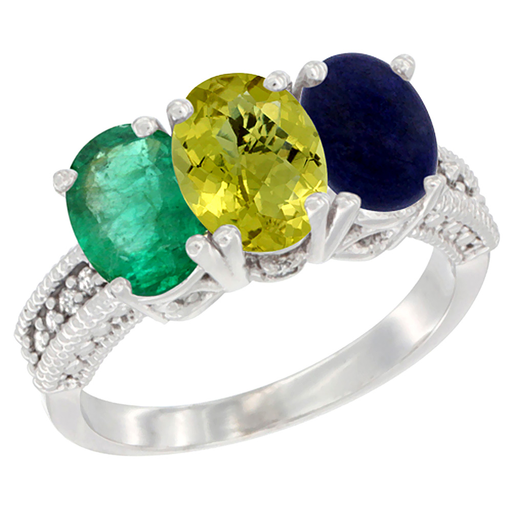 14K White Gold Natural Emerald, Lemon Quartz & Lapis Ring 3-Stone 7x5 mm Oval Diamond Accent, sizes 5 - 10