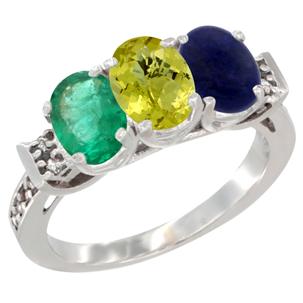 10K White Gold Natural Emerald, Lemon Quartz & Lapis Ring 3-Stone Oval 7x5 mm Diamond Accent, sizes 5 - 10