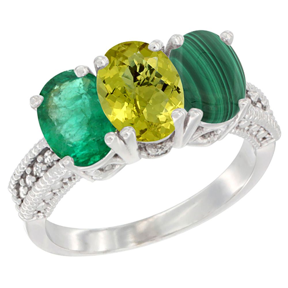 14K White Gold Natural Emerald, Lemon Quartz &amp; Malachite Ring 3-Stone 7x5 mm Oval Diamond Accent, sizes 5 - 10
