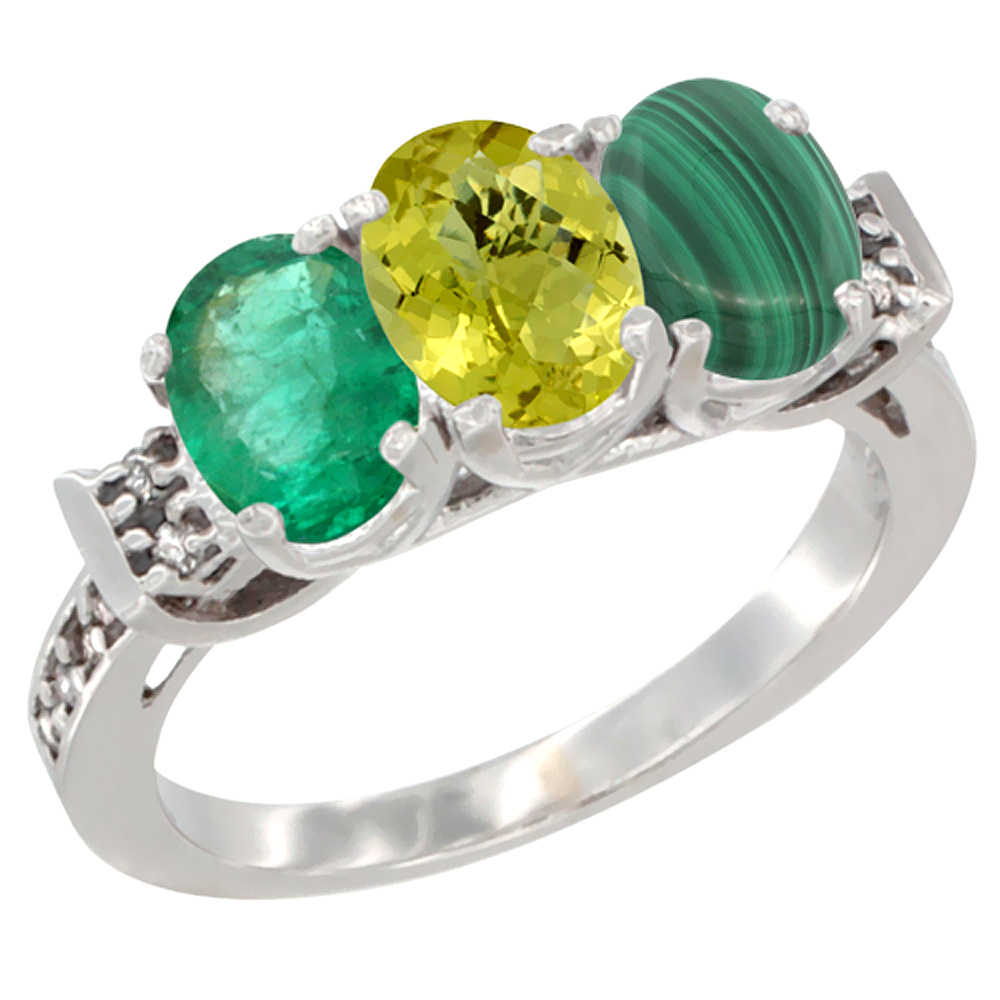 14K White Gold Natural Emerald, Lemon Quartz &amp; Malachite Ring 3-Stone Oval 7x5 mm Diamond Accent, sizes 5 - 10