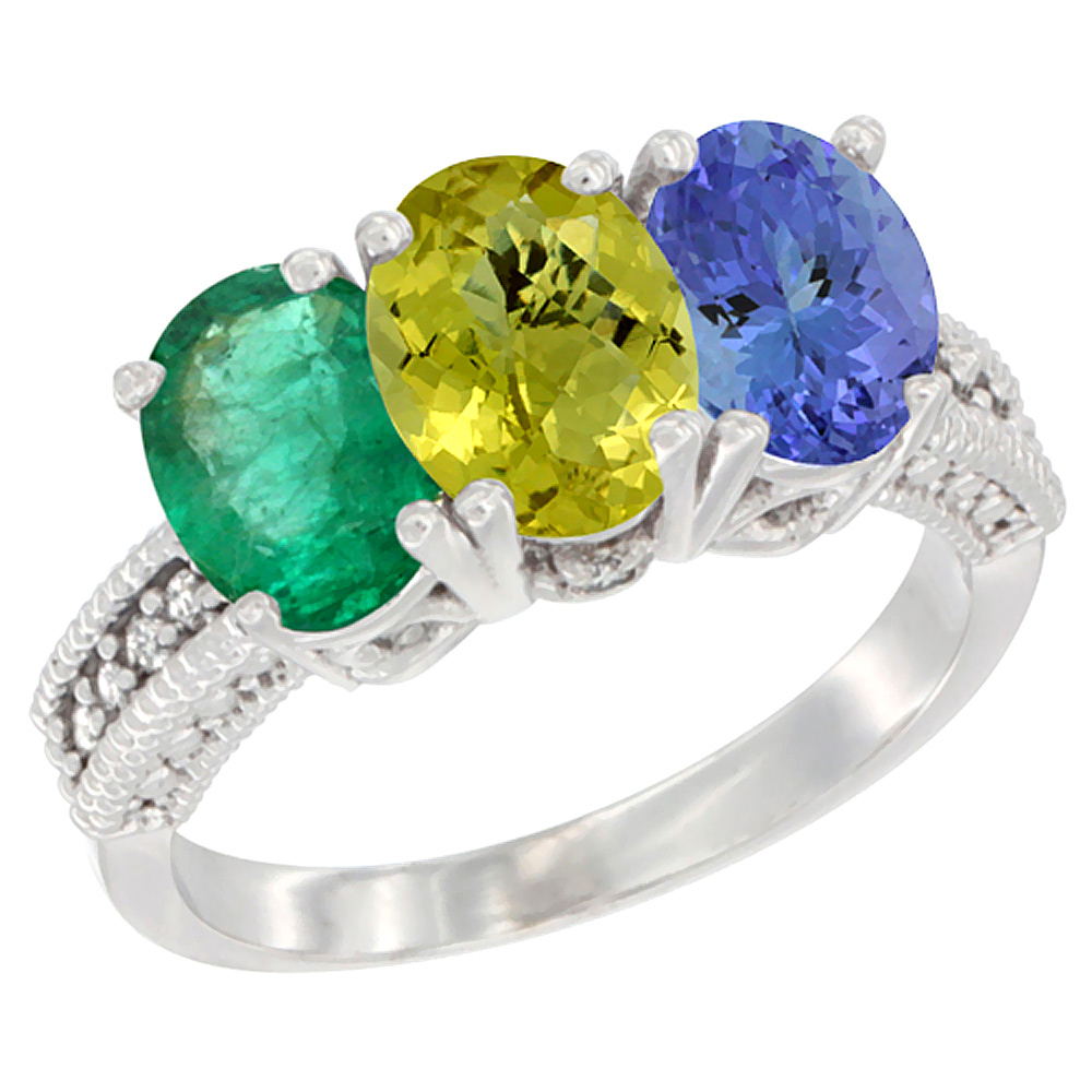 14K White Gold Natural Emerald, Lemon Quartz & Tanzanite Ring 3-Stone 7x5 mm Oval Diamond Accent, sizes 5 - 10